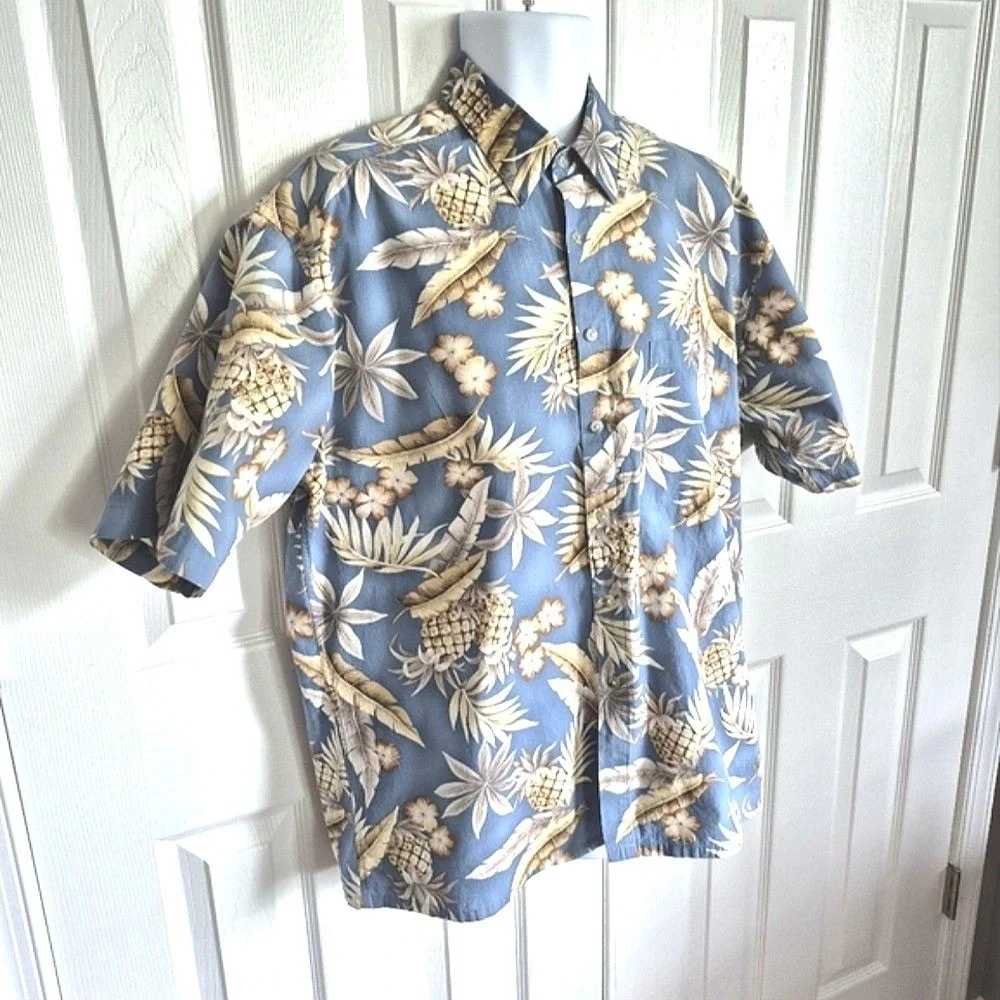 Vintage‎ Campia 100% Cotton Button Down Light Blue Tan Hawaiian Shirt Mens L